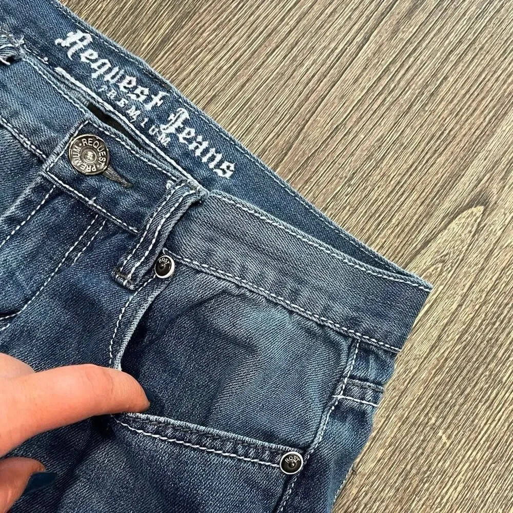 Request Jeans Straight Leg Mid Rise Distressed Denim Medium Wash Blue Size 32x32